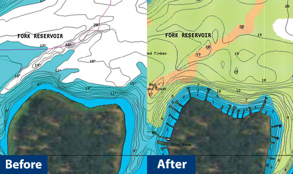 Обновленные береговые линии с причалами.